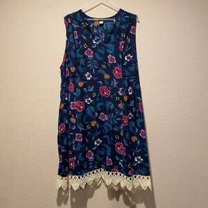 Old Navy XXL‎ Blue Floral Midi Summer Dress Boho Cottagecore Lace Trim